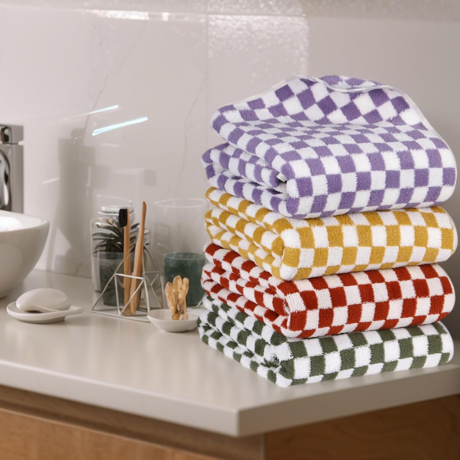 4 Pcs Checkered Bath Towels for Summer Pool Hotel Spa
