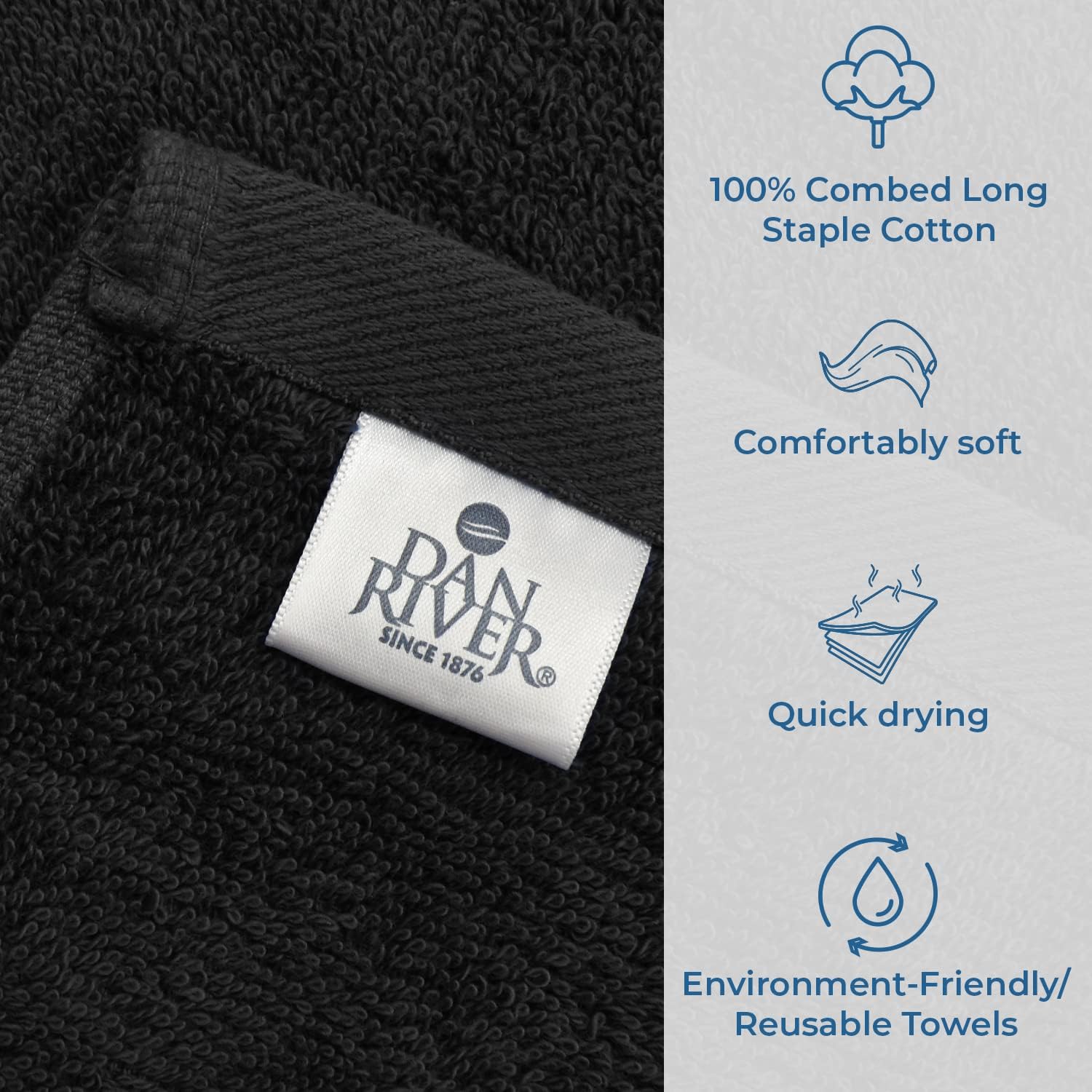 DAN RIVER 100 Cotton Bath Towels 27x54 Black 4-Pack