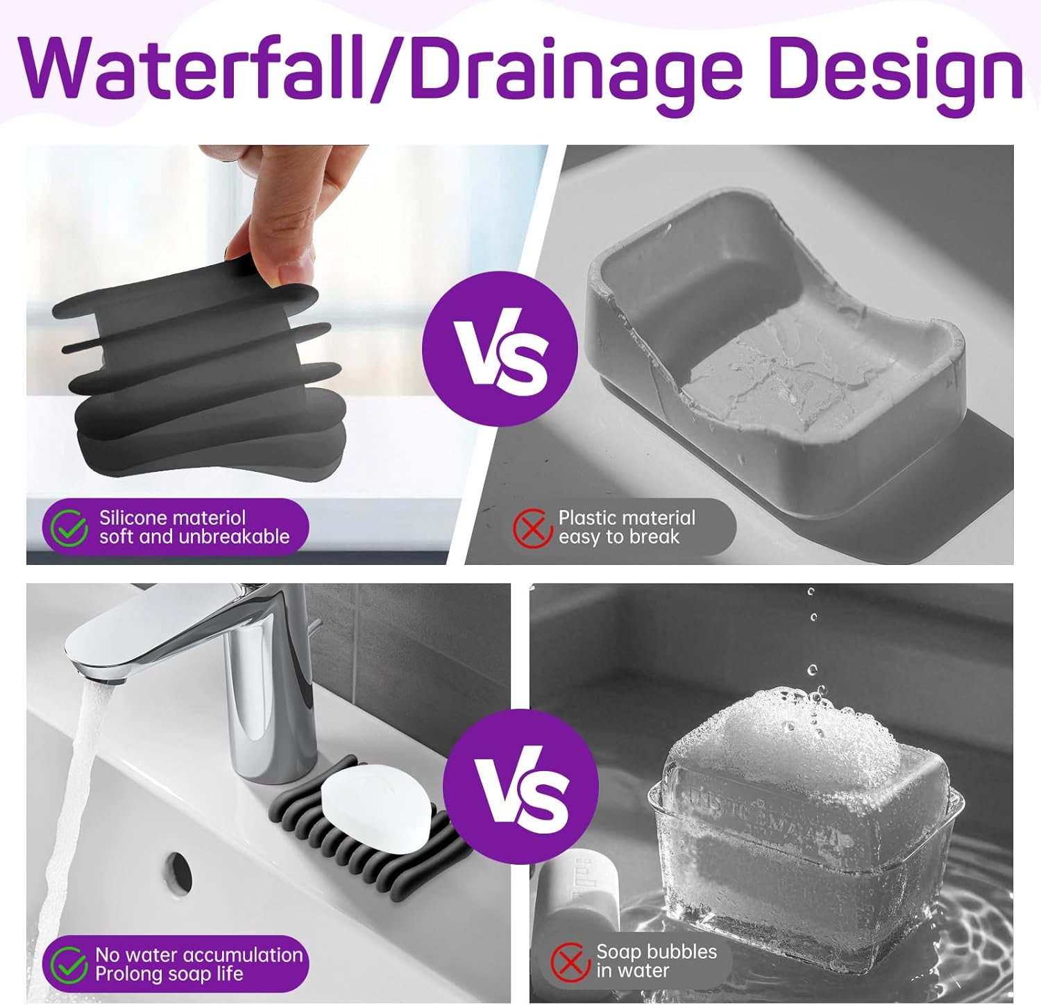 Langierspur 2 Pcs Self Draining Silicone Soap Holder - Waterfall Design Black