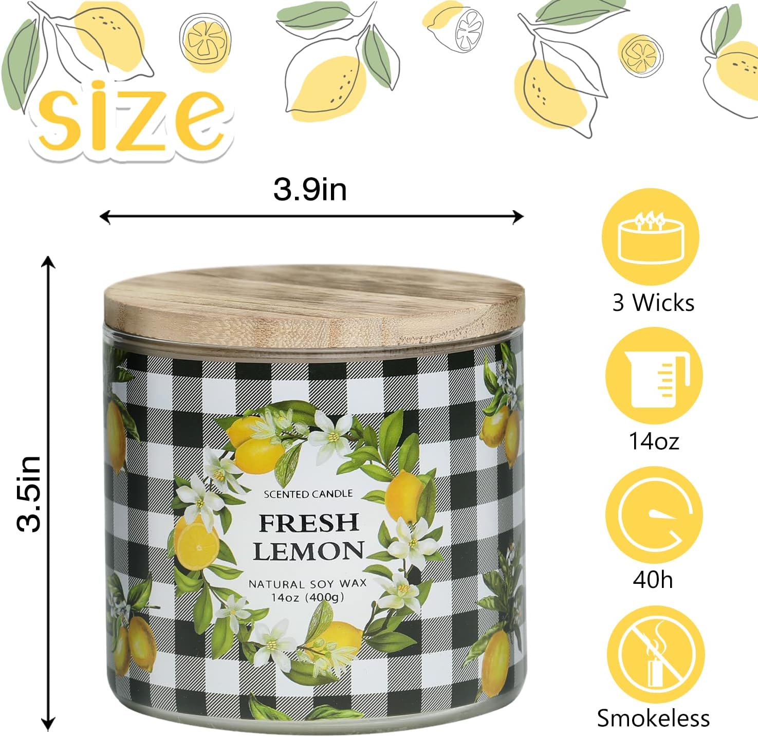 Fresh Lemon Scented Jar Candle 14 oz 3 Wicks