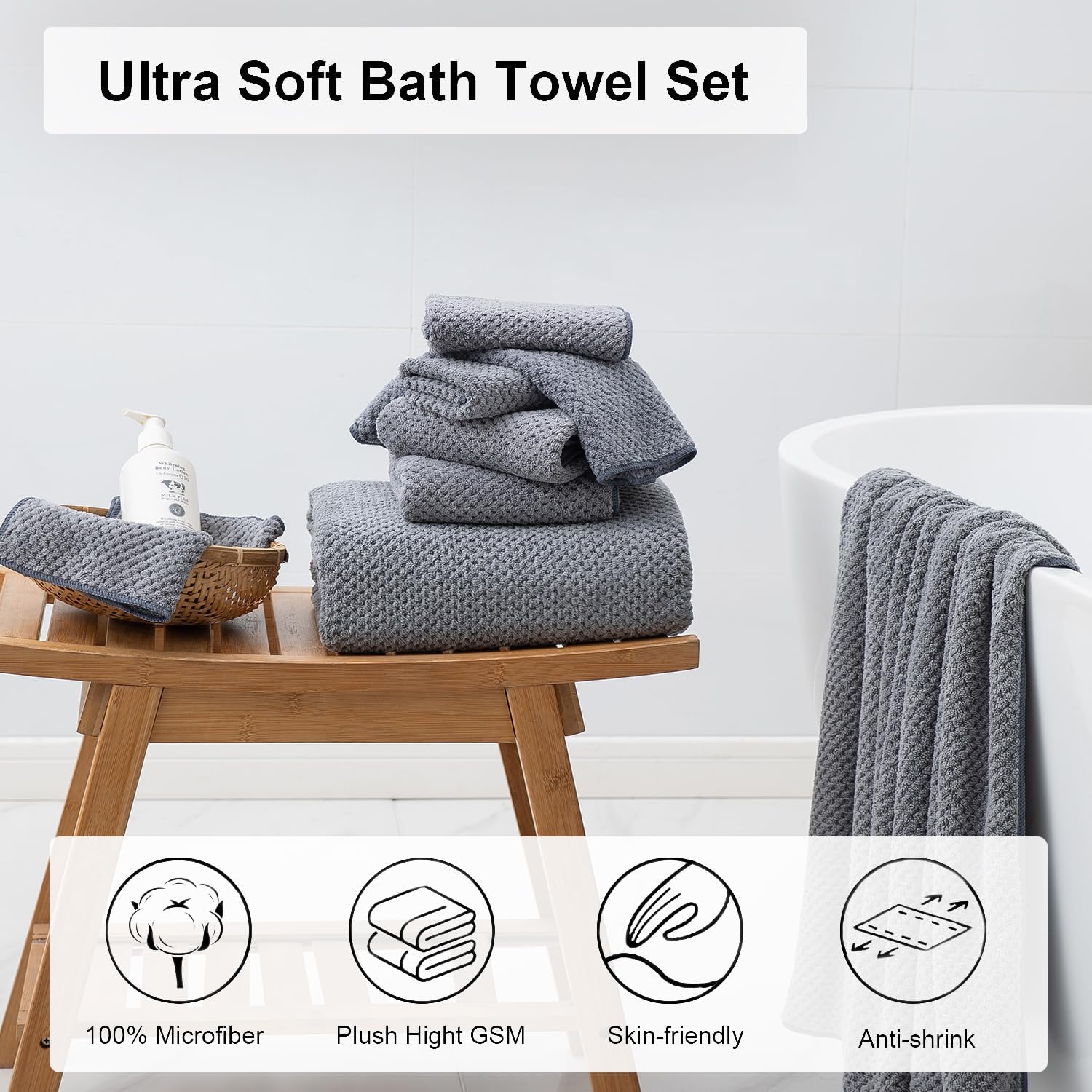 8 Piece Grey Family Bath Towel Set with Hanging Loops