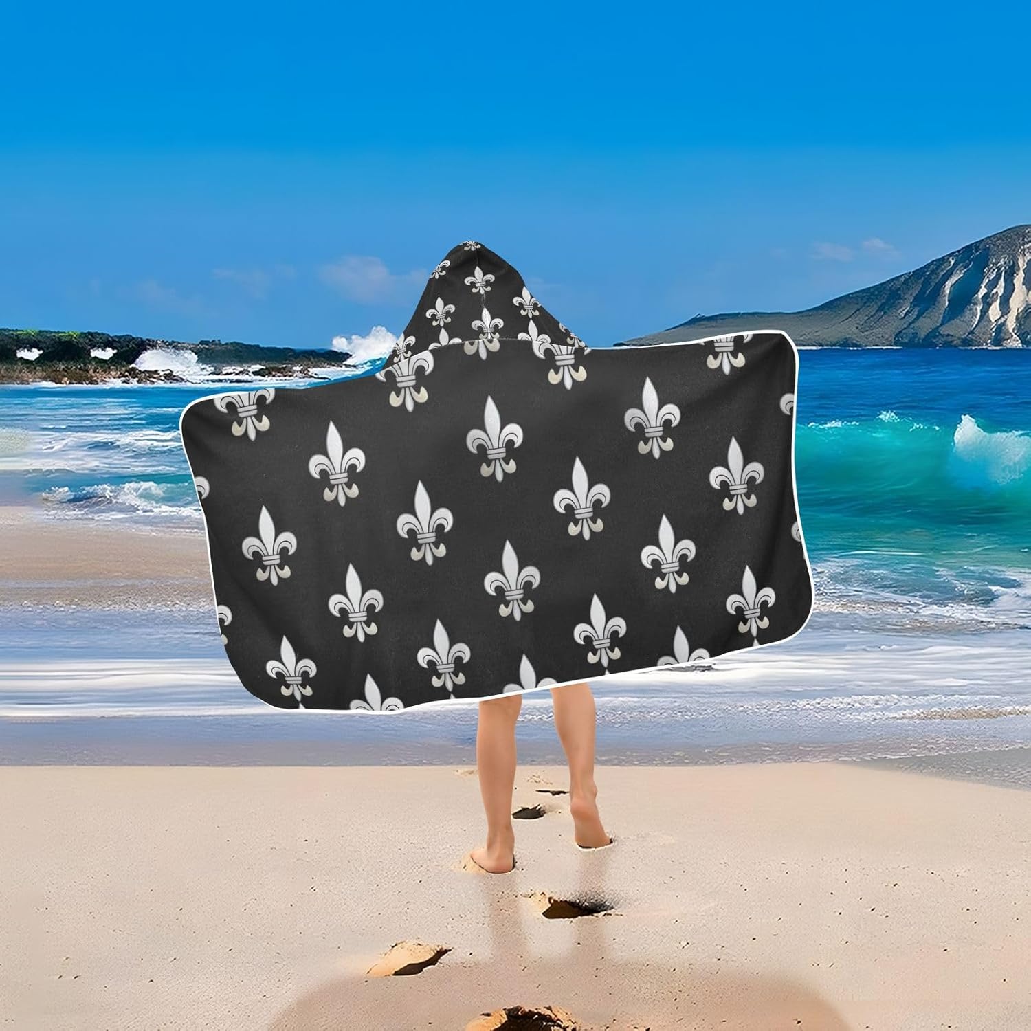 CHIFIGNO Baby Hooded Towel with Silver Fleur De Lis Print