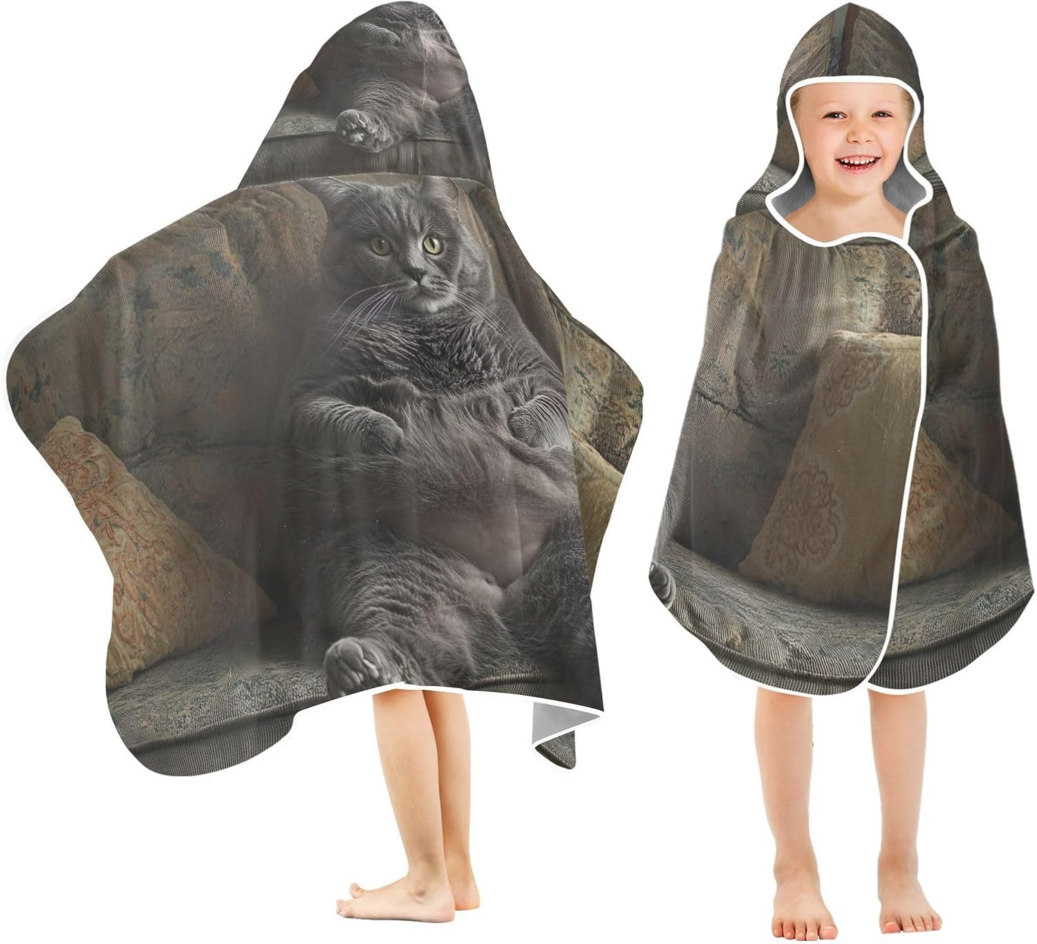CHIFIGNO Funny Fat Gray Cat Hooded Kids Bath Towel