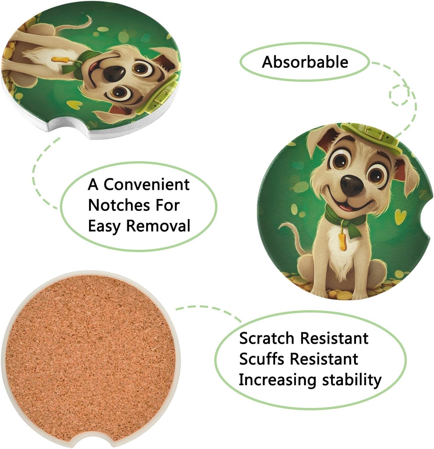 Takiito St Patrick Dog Car Cup Holder Coasters 2 Pack