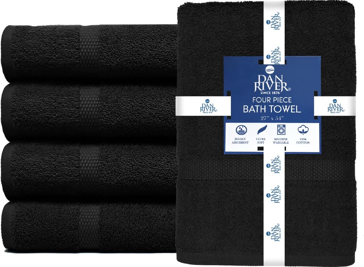 DAN RIVER 100 Cotton Bath Towels 27x54 Black 4-Pack