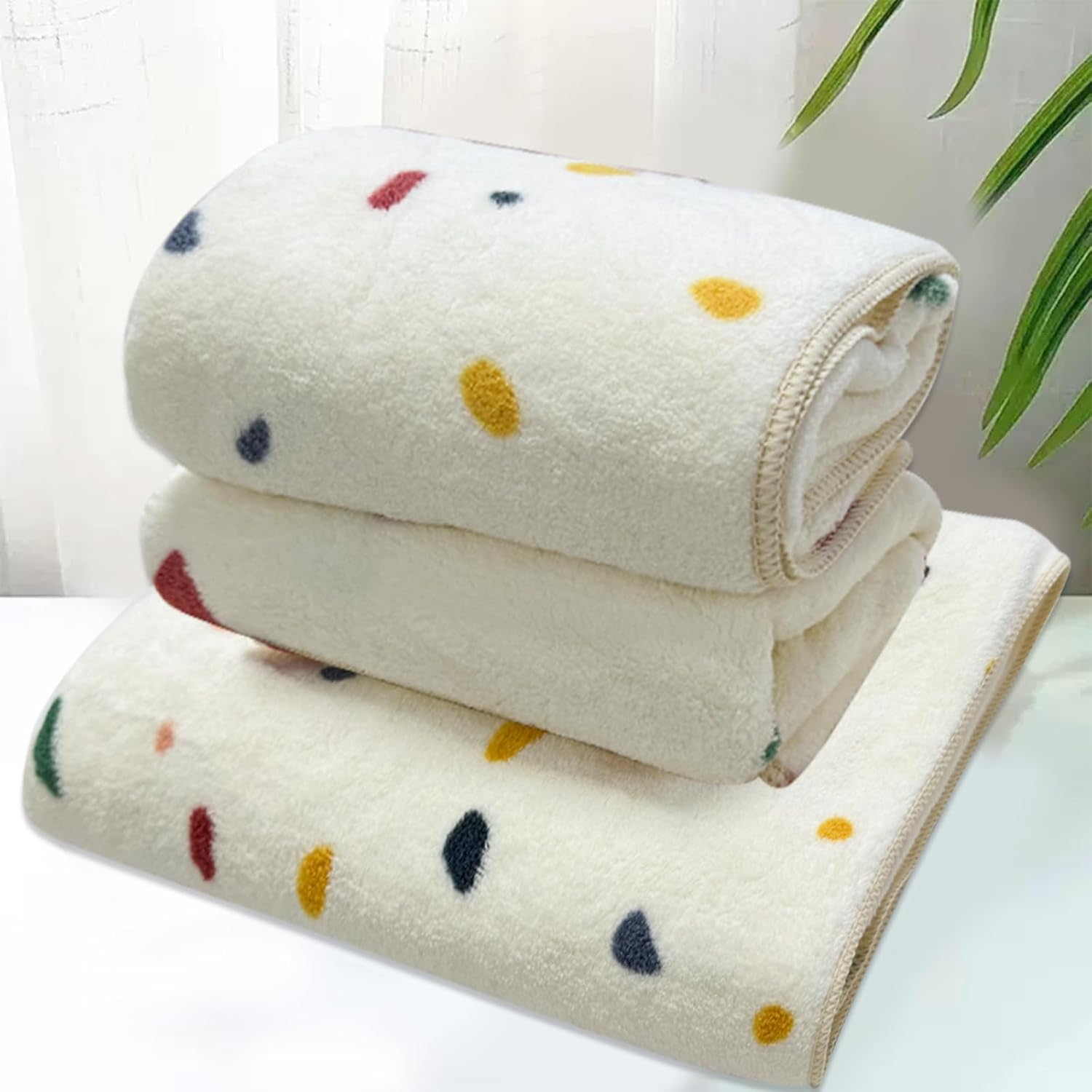 USTIDE 3 Piece Towels Set Multicolor Dots Pattern