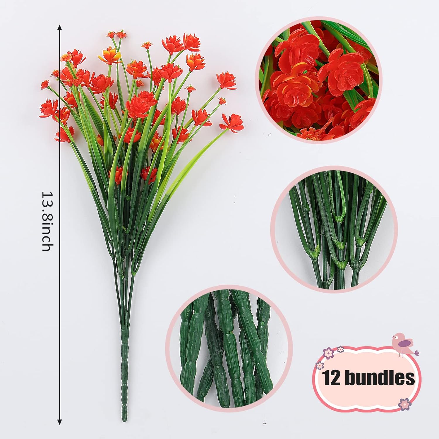 RECUTMS 12 Bundles Artificial Flowers 8Pcs Fake Grass for Outdoor