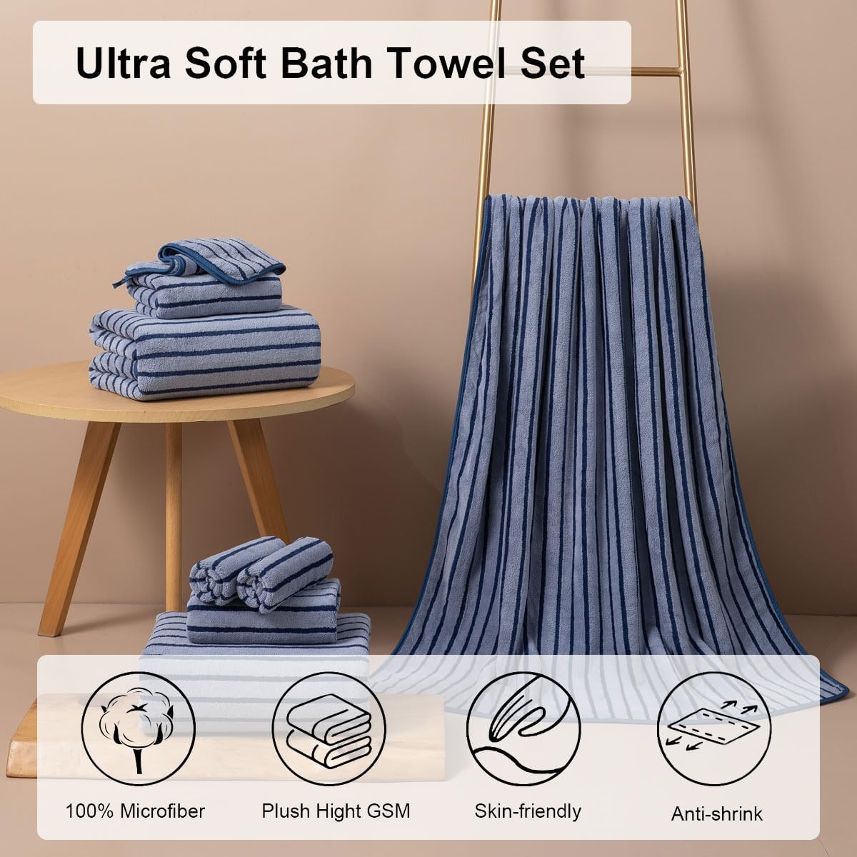 Oliven 8 Pcs Navy Cabana Stripe Towel Set