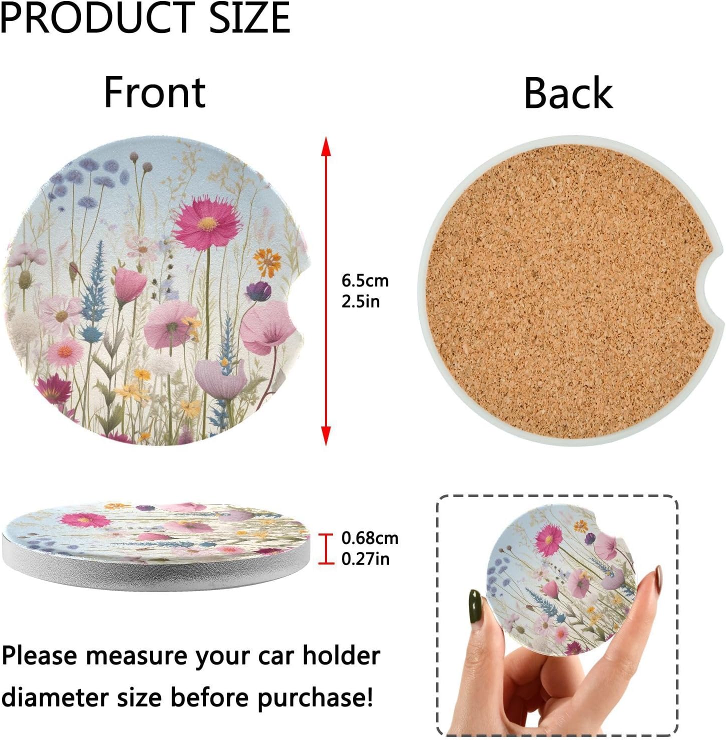 Takiito Wildflowers Car Cup Holder Coasters 2 Pack