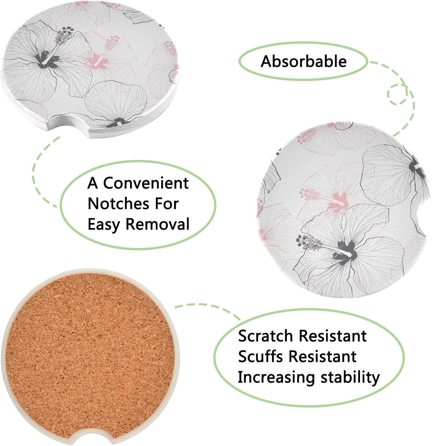 Takiito Hibiscus Car Coasters 2 Pack Ceramic Cork Base