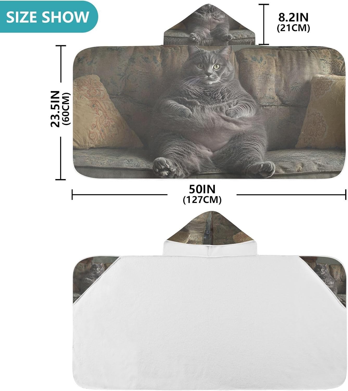 CHIFIGNO Funny Fat Gray Cat Hooded Kids Bath Towel