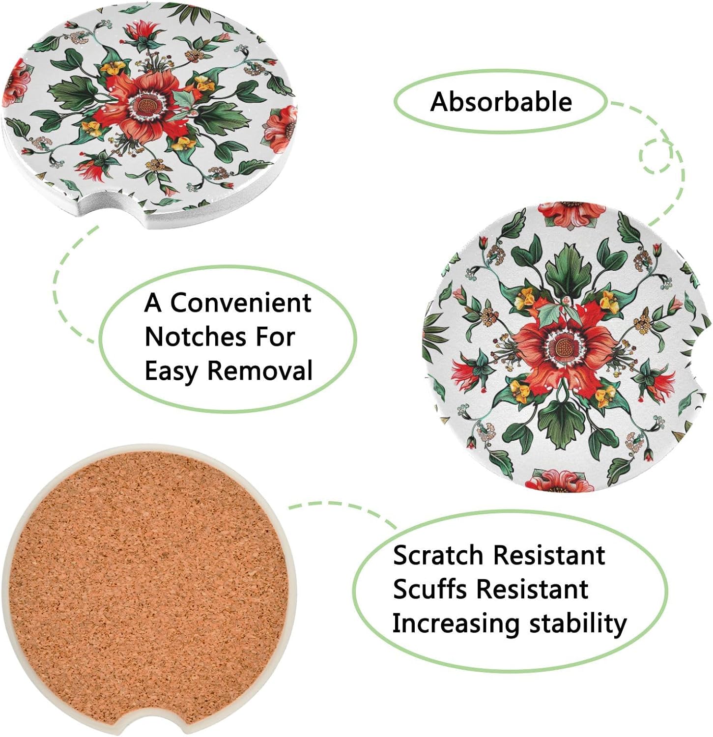 Vintage Red Flowers Car Coasters 2 Pack