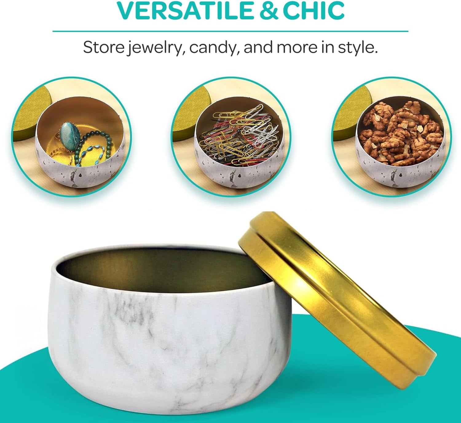 Hearts Crafts 8oz Marble Candle Tins - 24-Pack with Gold Lids
