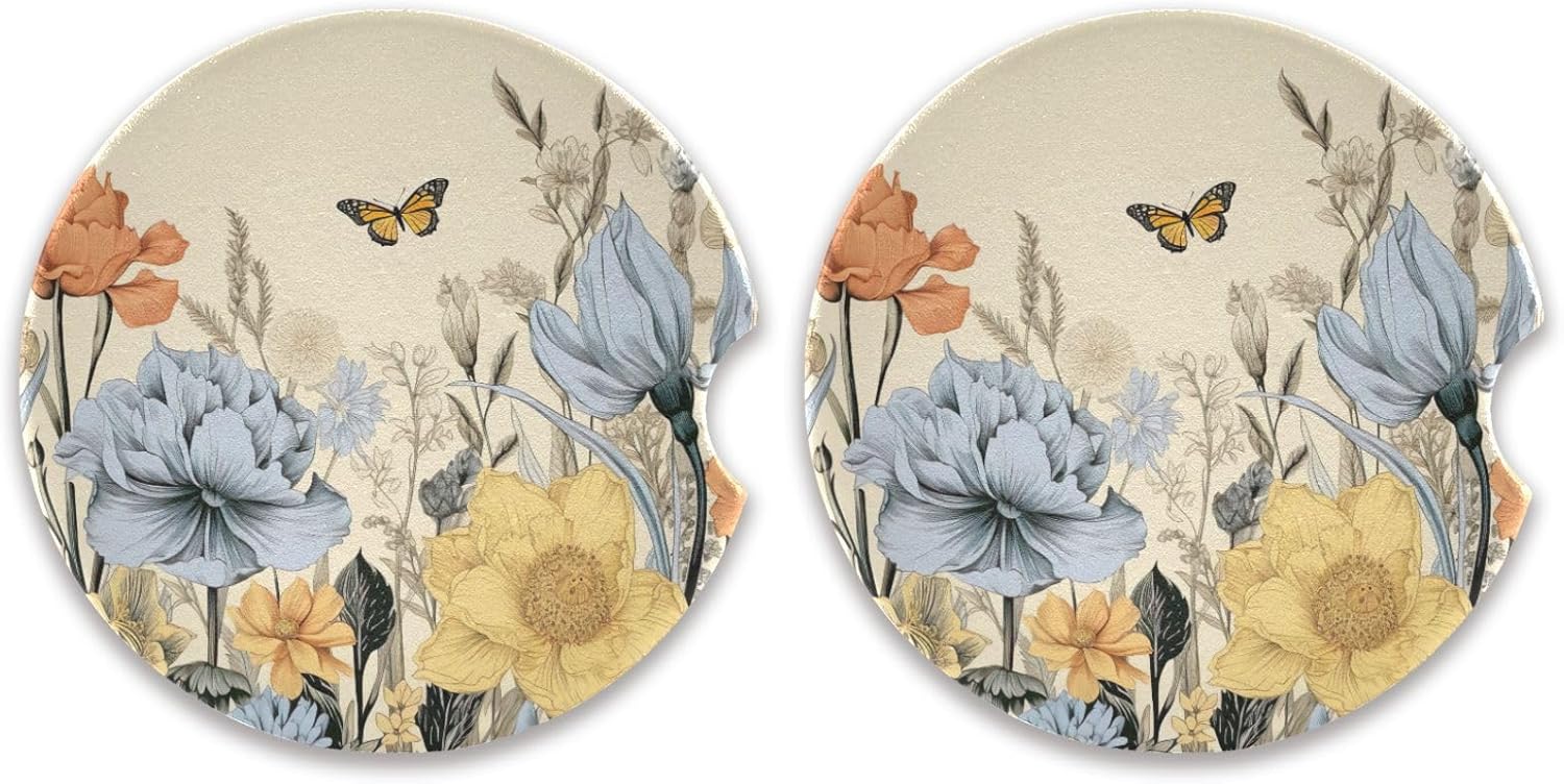 Takiito Retro Wildflowers Car Coasters 2 Pack