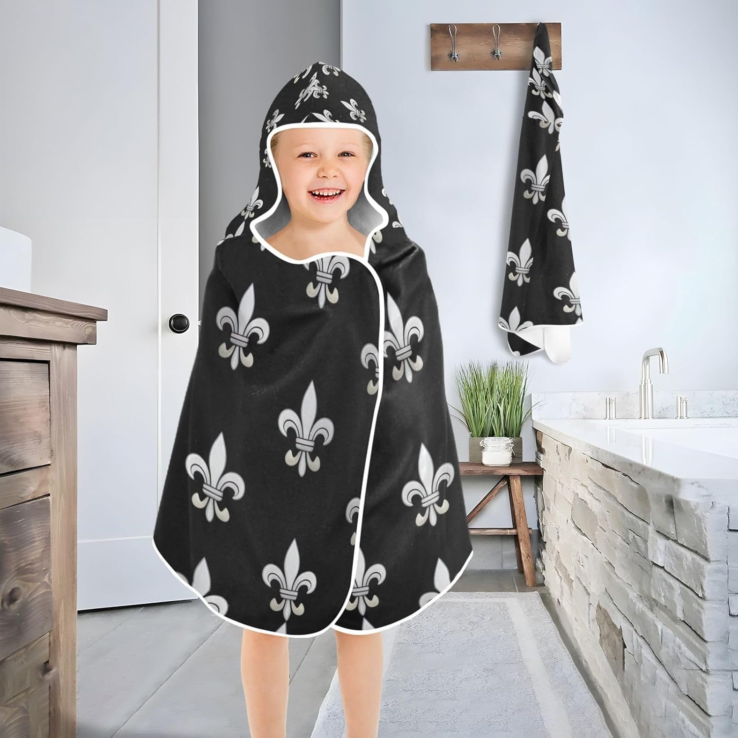CHIFIGNO Baby Hooded Towel with Silver Fleur De Lis Print
