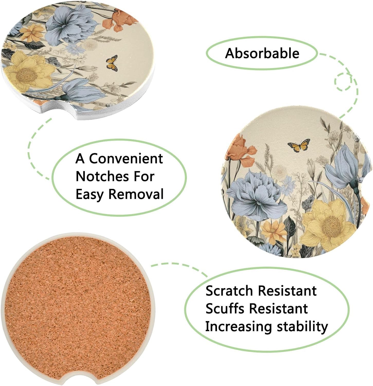 Takiito Retro Wildflowers Car Coasters 2 Pack