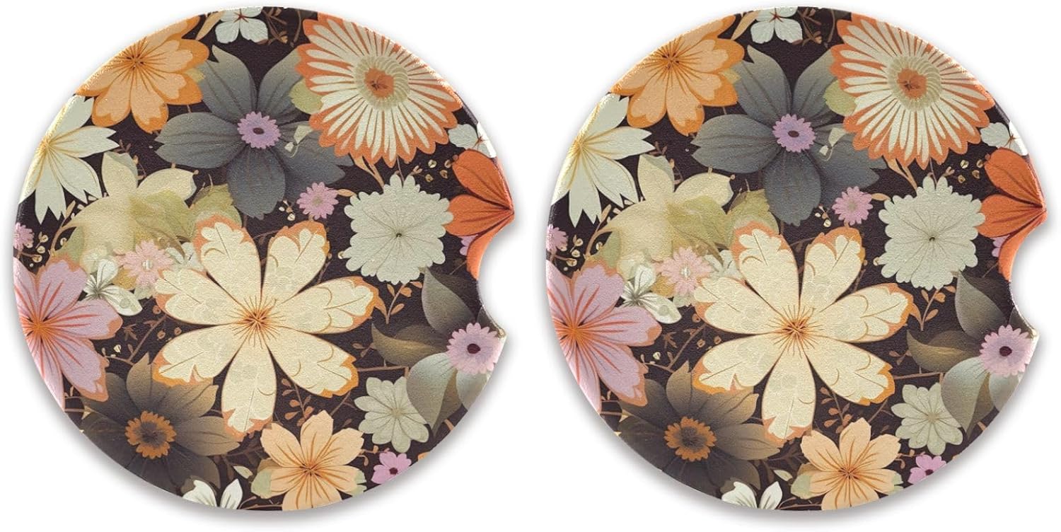 Retro Flowers Car Coasters 2 Pack - Ceramic Cork Base