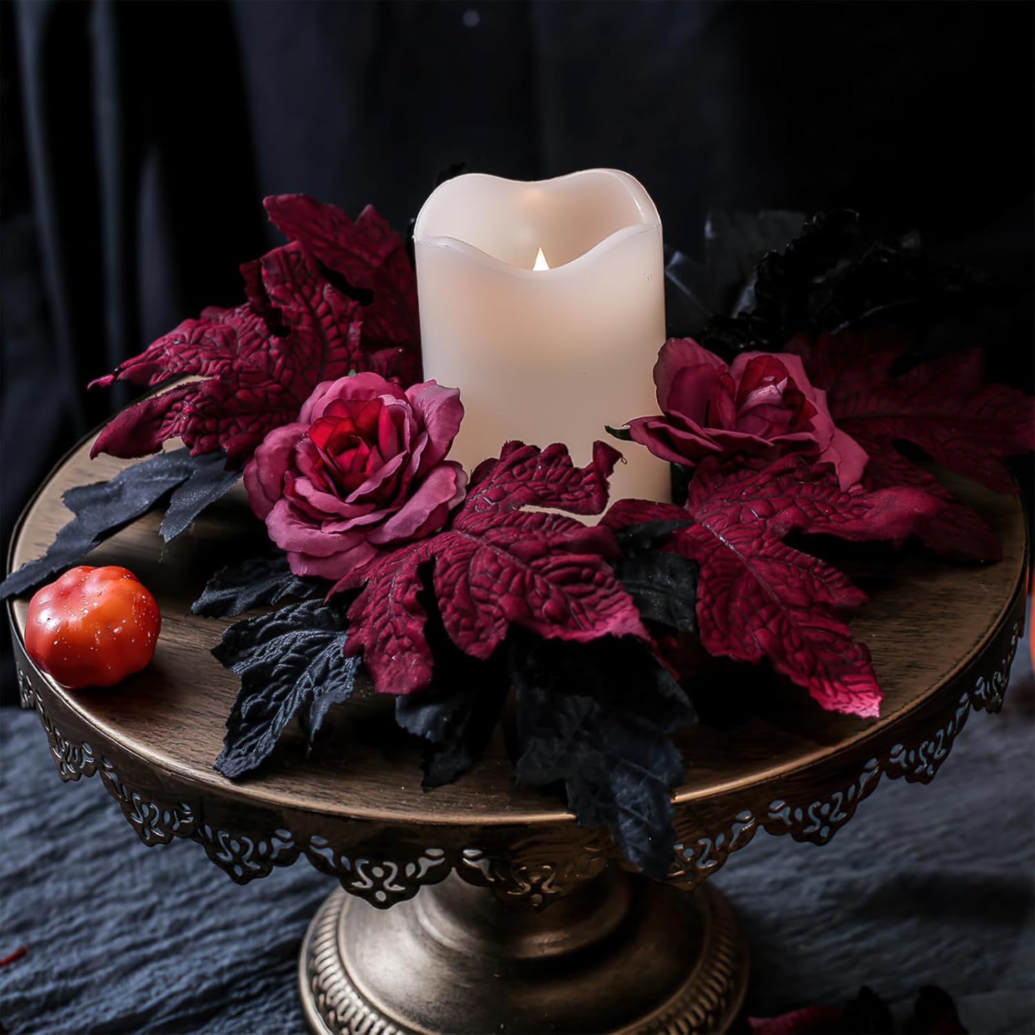 Halloween Candle Wreath Holder with Maple Leaves and Roses