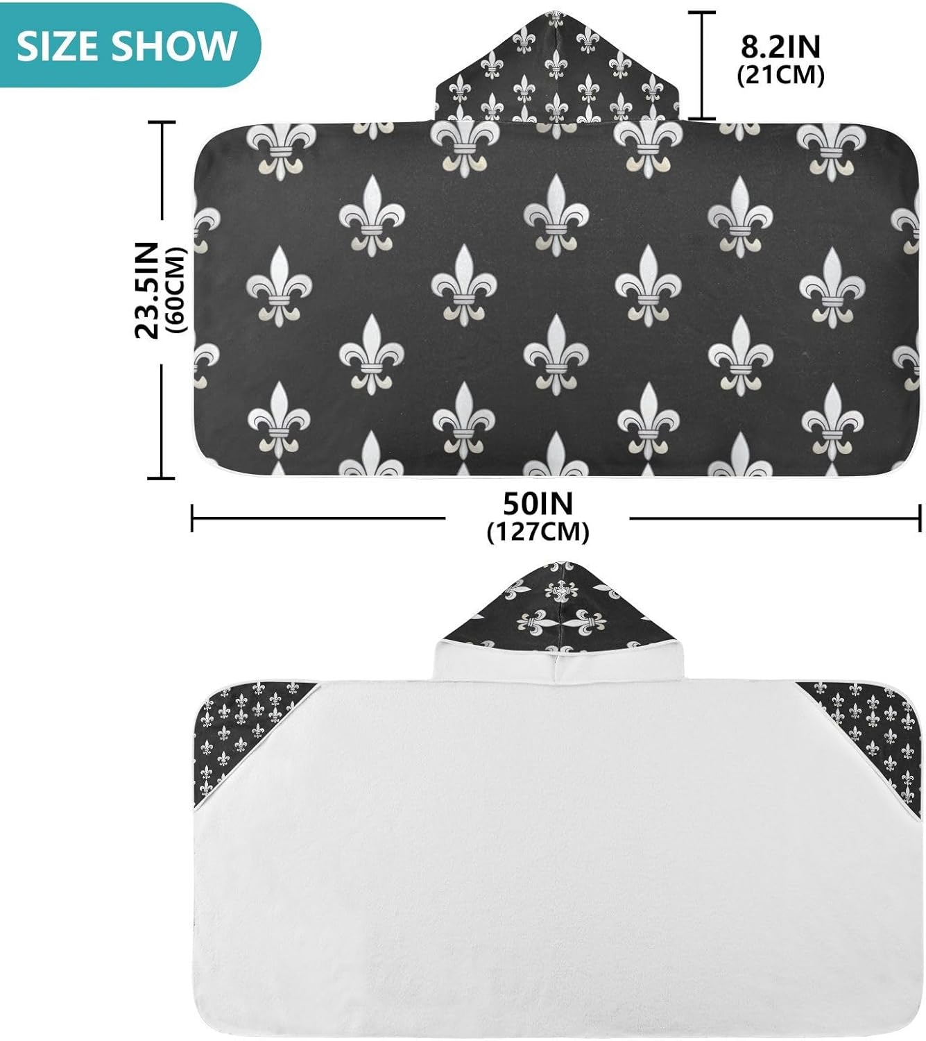 CHIFIGNO Baby Hooded Towel with Silver Fleur De Lis Print