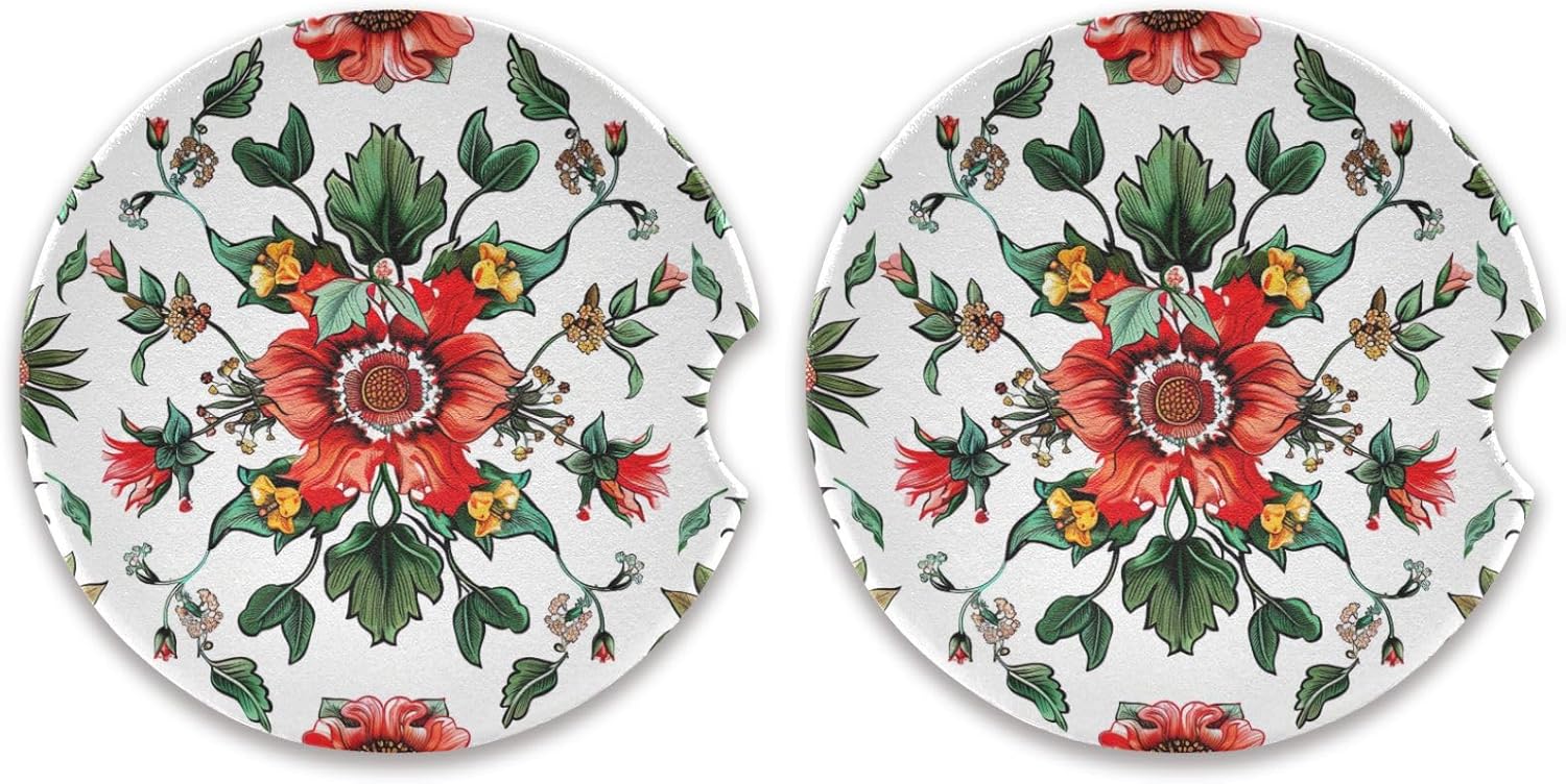 Vintage Red Flowers Car Coasters 2 Pack