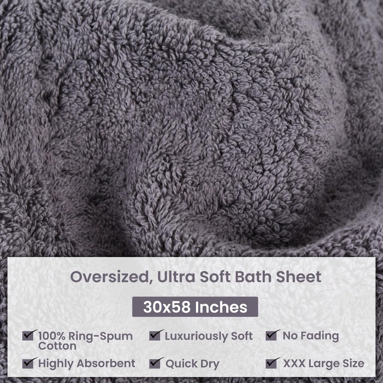 Organix Luxury 4 Pack Bath Towels Dark Grey 30x60 Inches