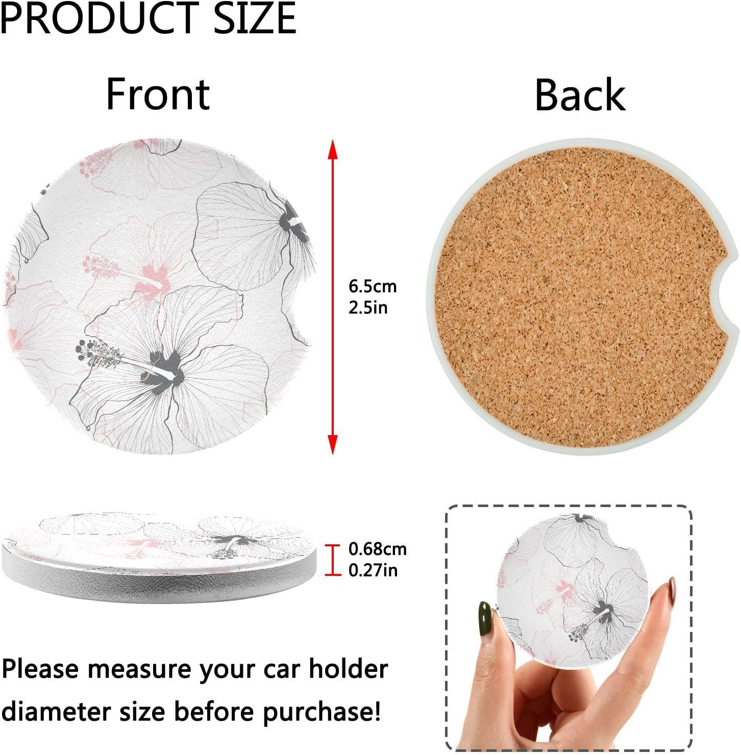 Takiito Hibiscus Car Coasters 2 Pack Ceramic Cork Base