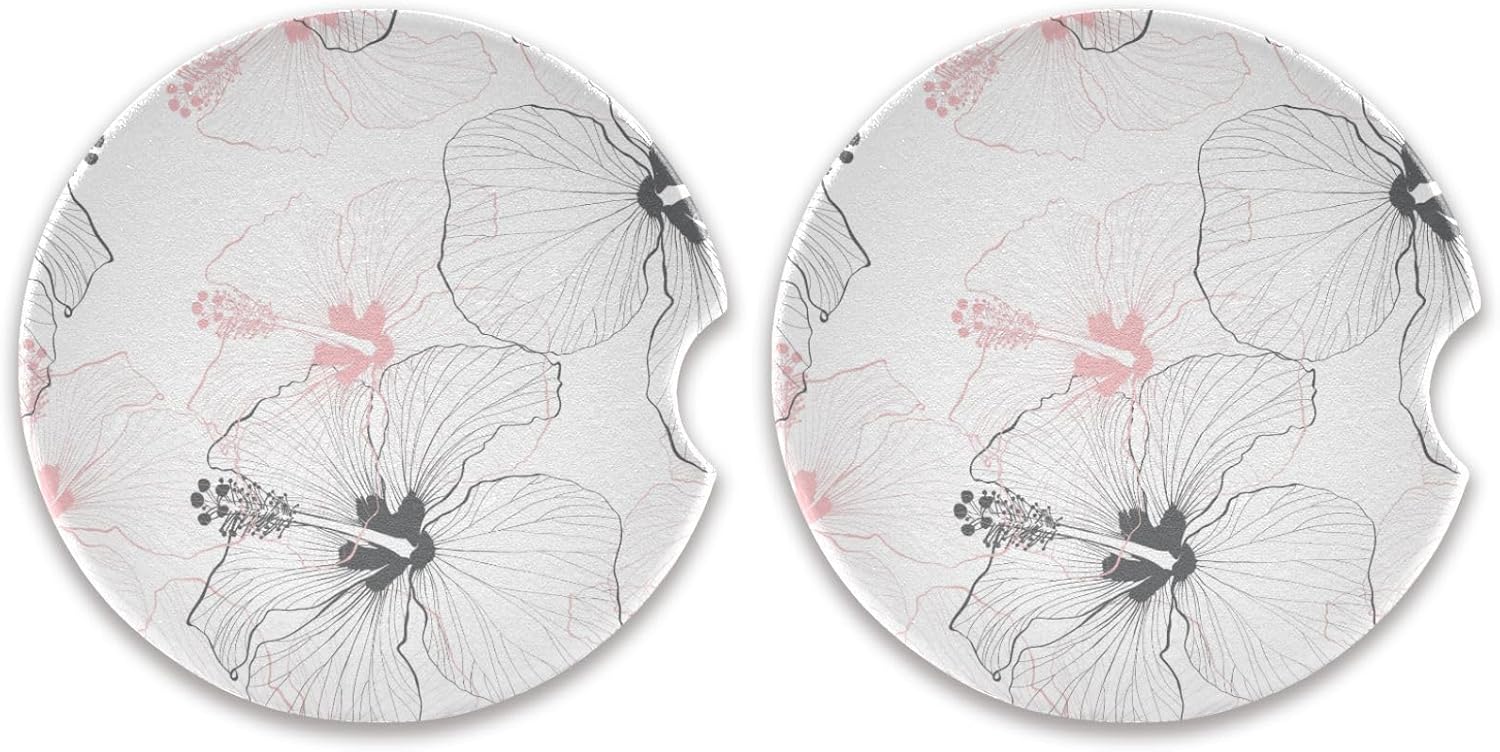 Takiito Hibiscus Car Coasters 2 Pack Ceramic Cork Base