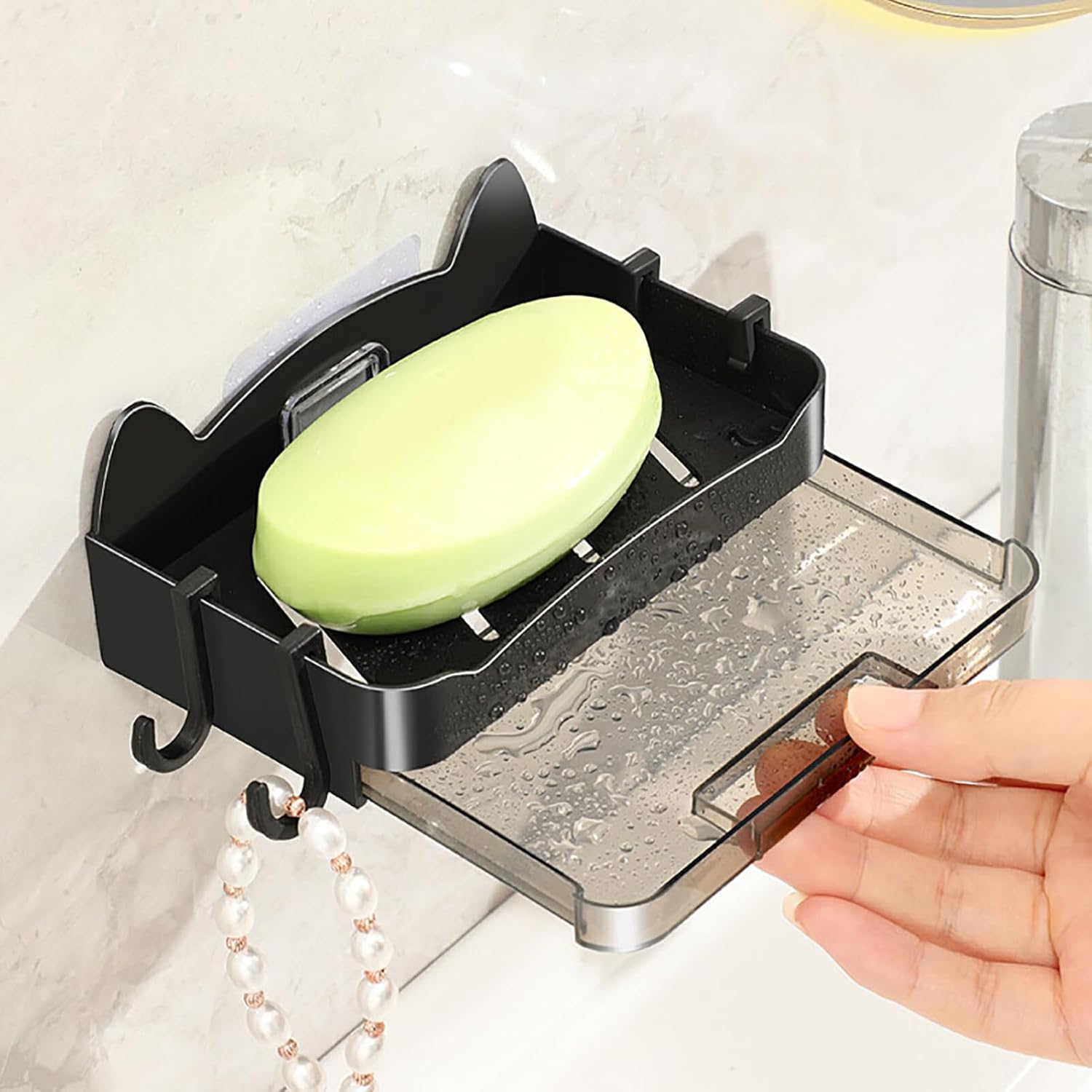 Whimsical Cat Soap Dish with 4 Hooks - Wall Mounted Black