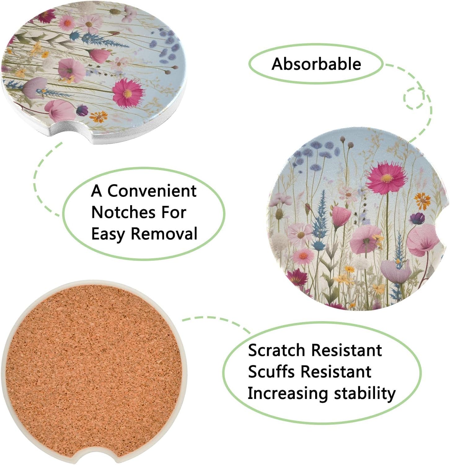 Takiito Wildflowers Car Cup Holder Coasters 2 Pack