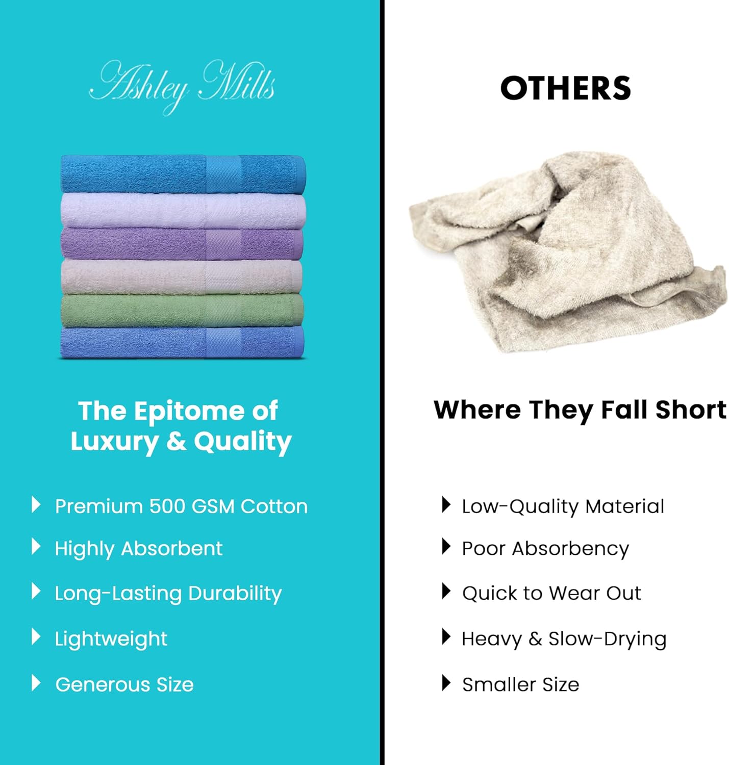 Ashley Mills Bath Towels Set of 6 100 Cotton Soft Absorbent