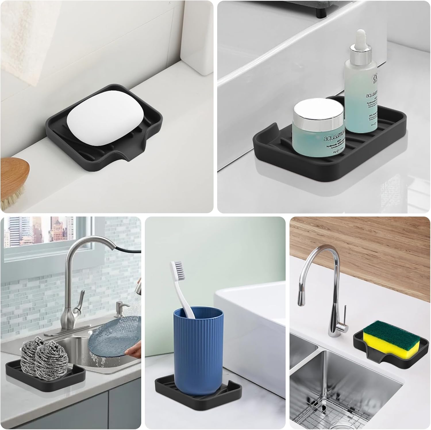 SAISN 2 Pack Black Silicone Soap Dish with Drain