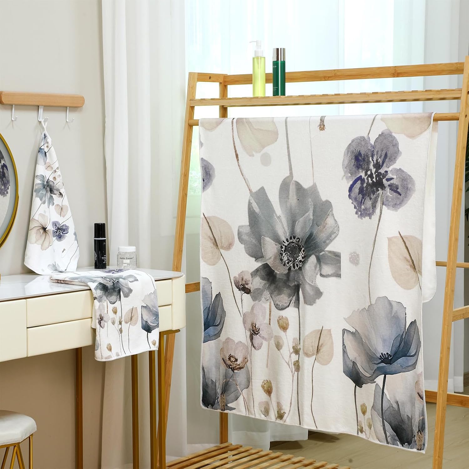 Preboun 3 Pack Brown Poppy Floral Bath Towels Set