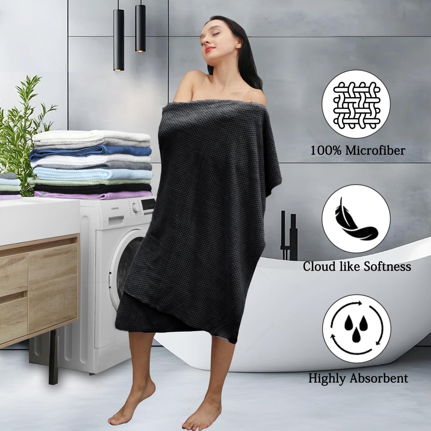Hailea 4-Pack Black Bath Towels Set 35x70 Inches