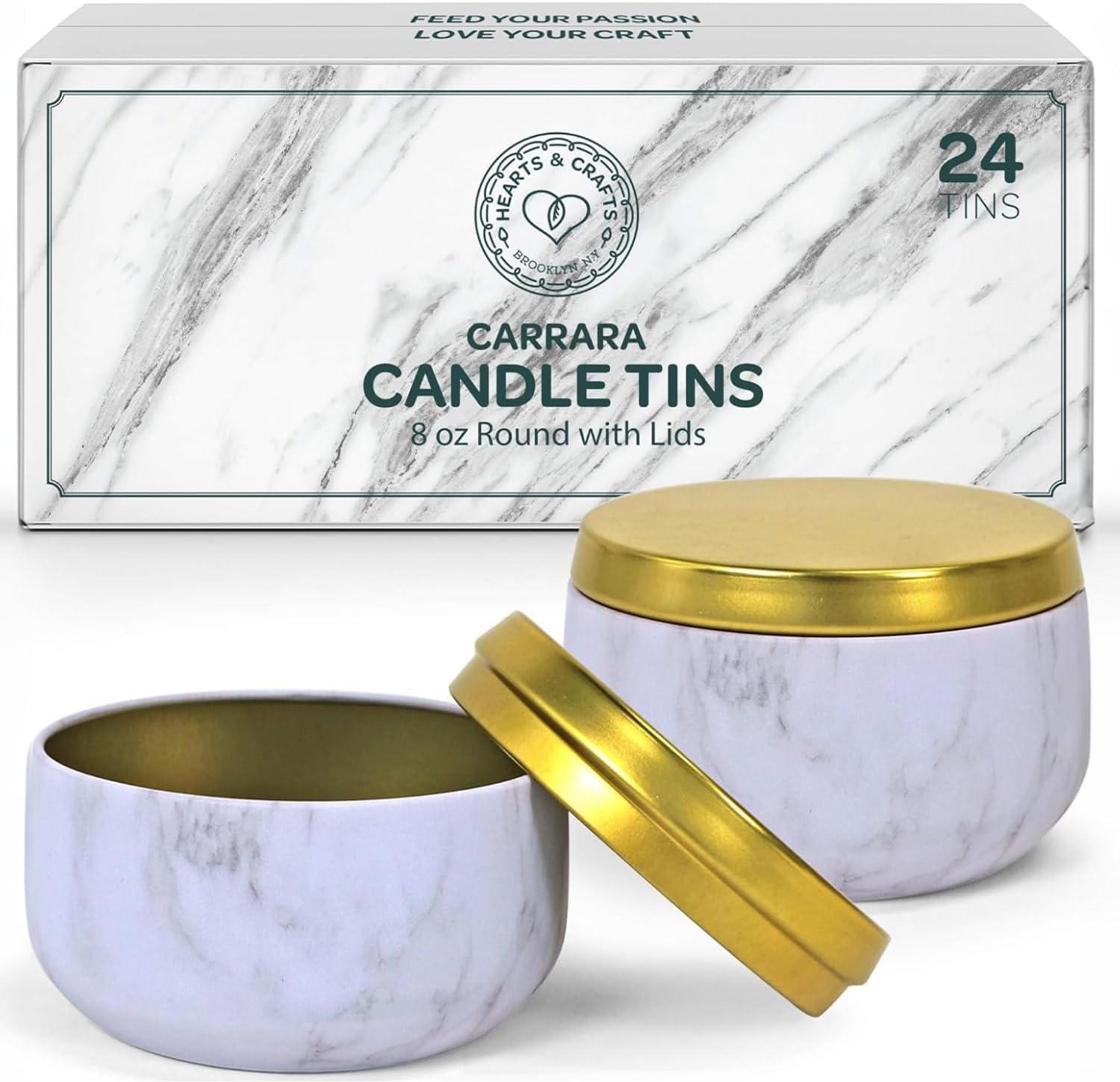 Hearts Crafts 8oz Marble Candle Tins - 24-Pack with Gold Lids