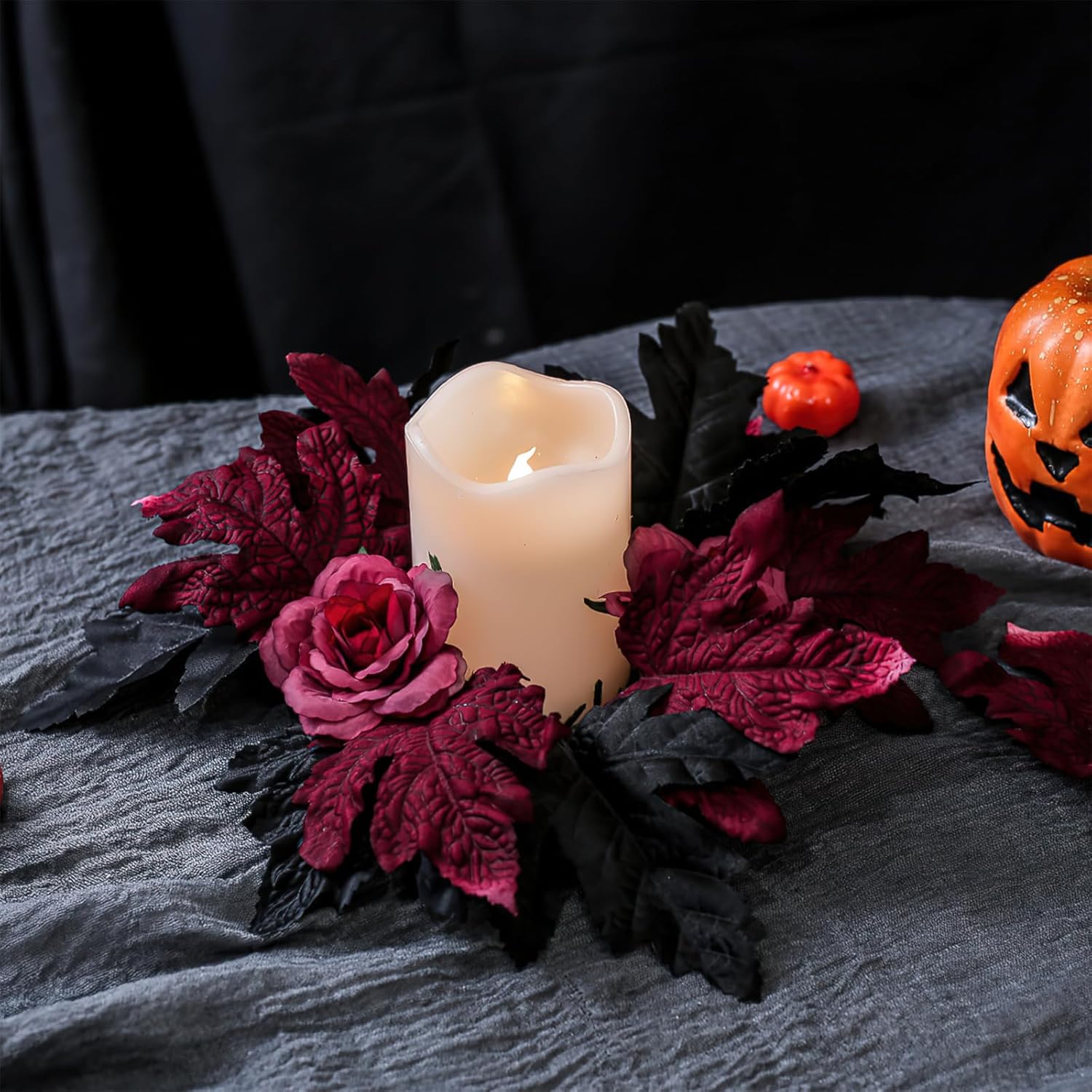 Halloween Candle Wreath Holder with Maple Leaves and Roses
