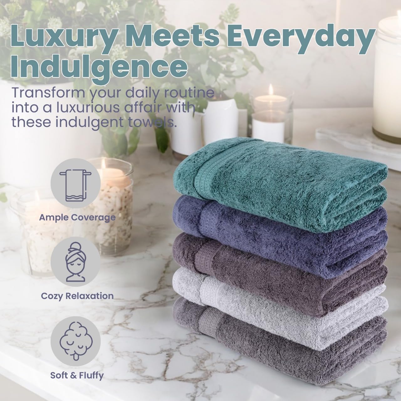 Organix Luxury 5 Pack Bath Towels - 30x60 Inches 100 Cotton