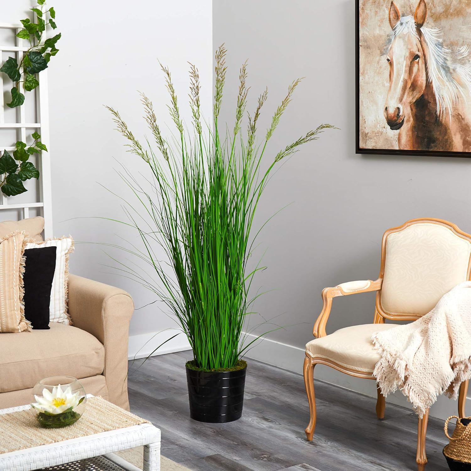 Nearly Natural 6ft Grass Artificial Plant in Black Tin Planter