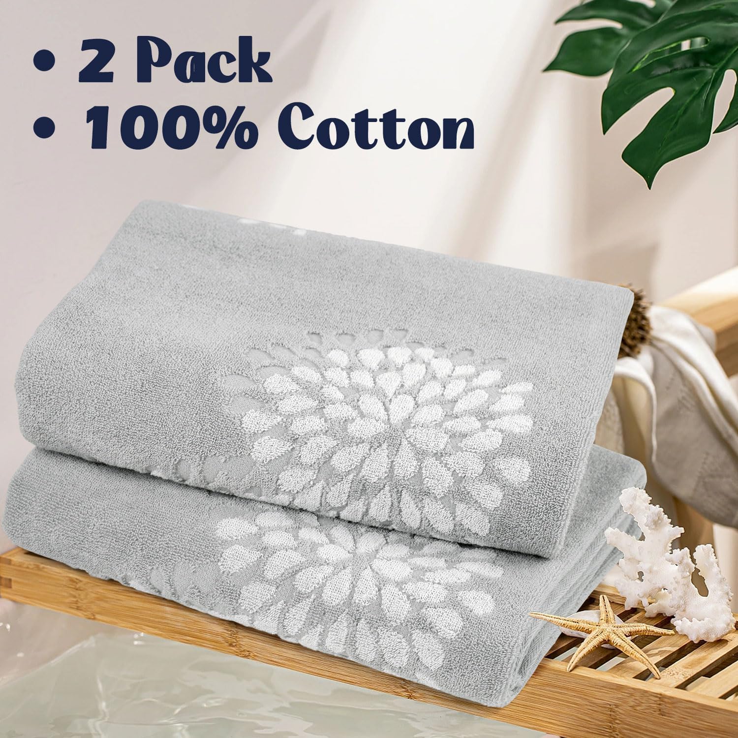 Light Grey Bath Towels Set of 2 - Soft Quick Dry 55 x 28
