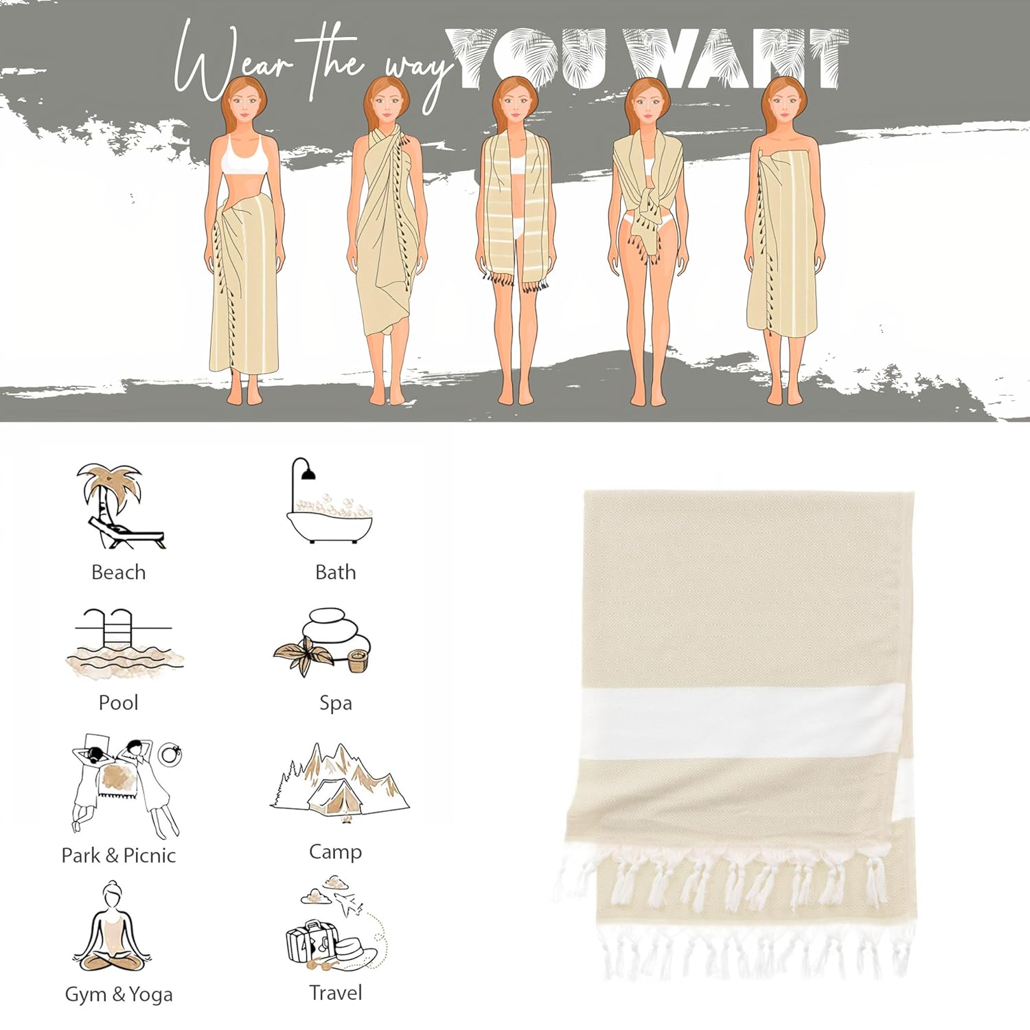 Turkish Cotton Beach Towel - Lightweight Soft and Travel Friendly