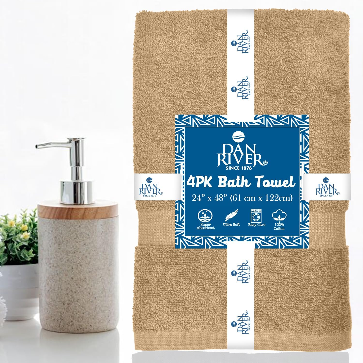 DAN RIVER 4 Pack Bath Towels 24x48 Inches Tan