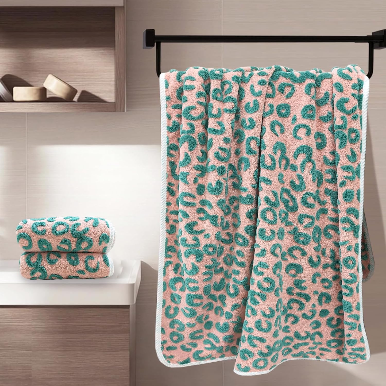 USTIDE 3 Piece Green Leopard Print Towel Set