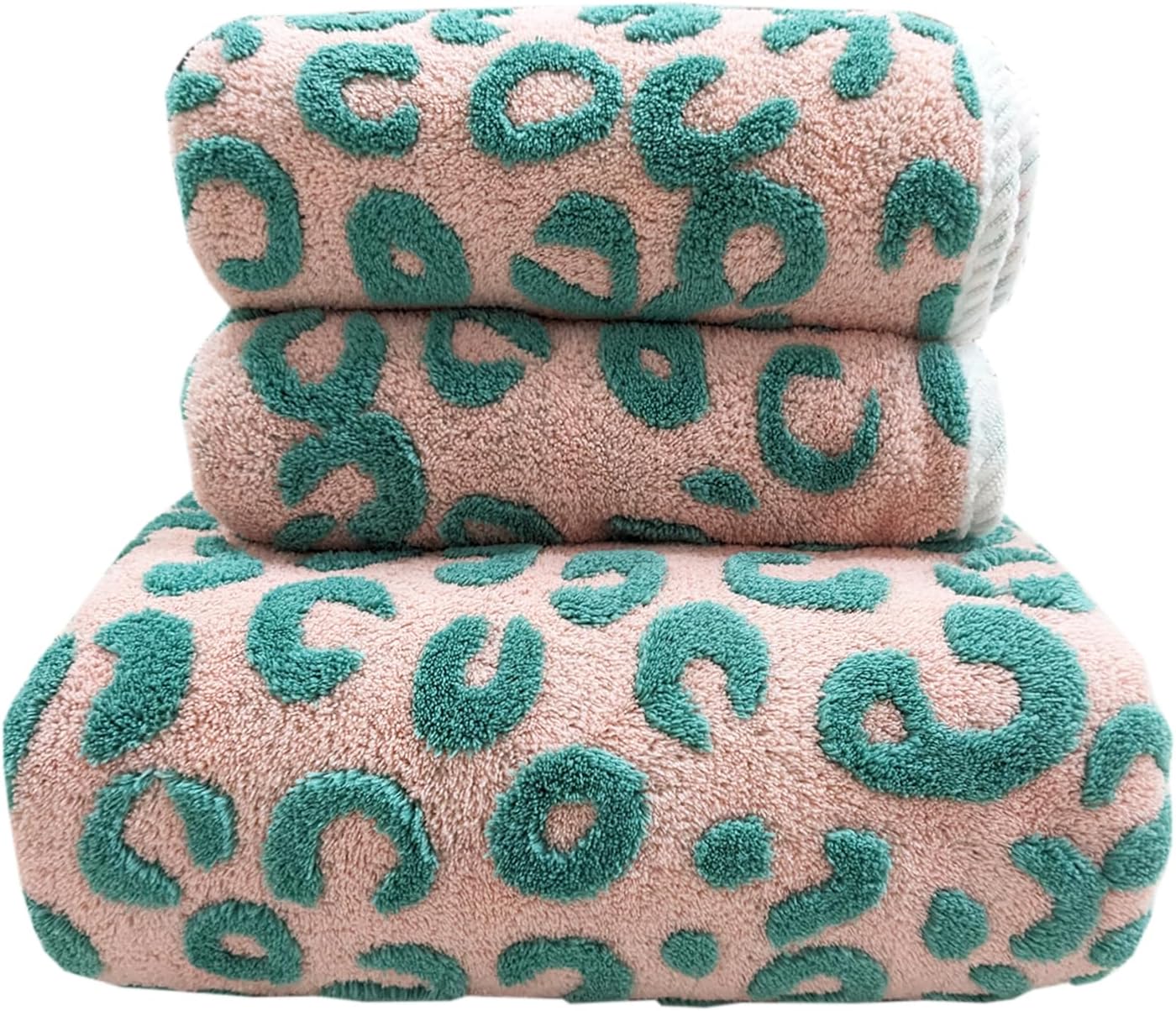 USTIDE 3 Piece Green Leopard Print Towel Set