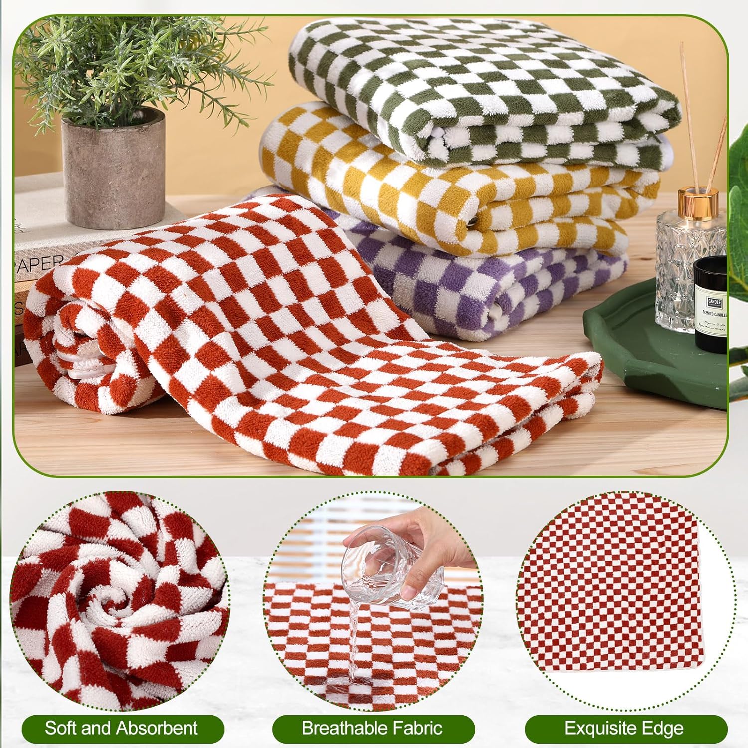 4 Pcs Checkered Bath Towels for Summer Pool Hotel Spa