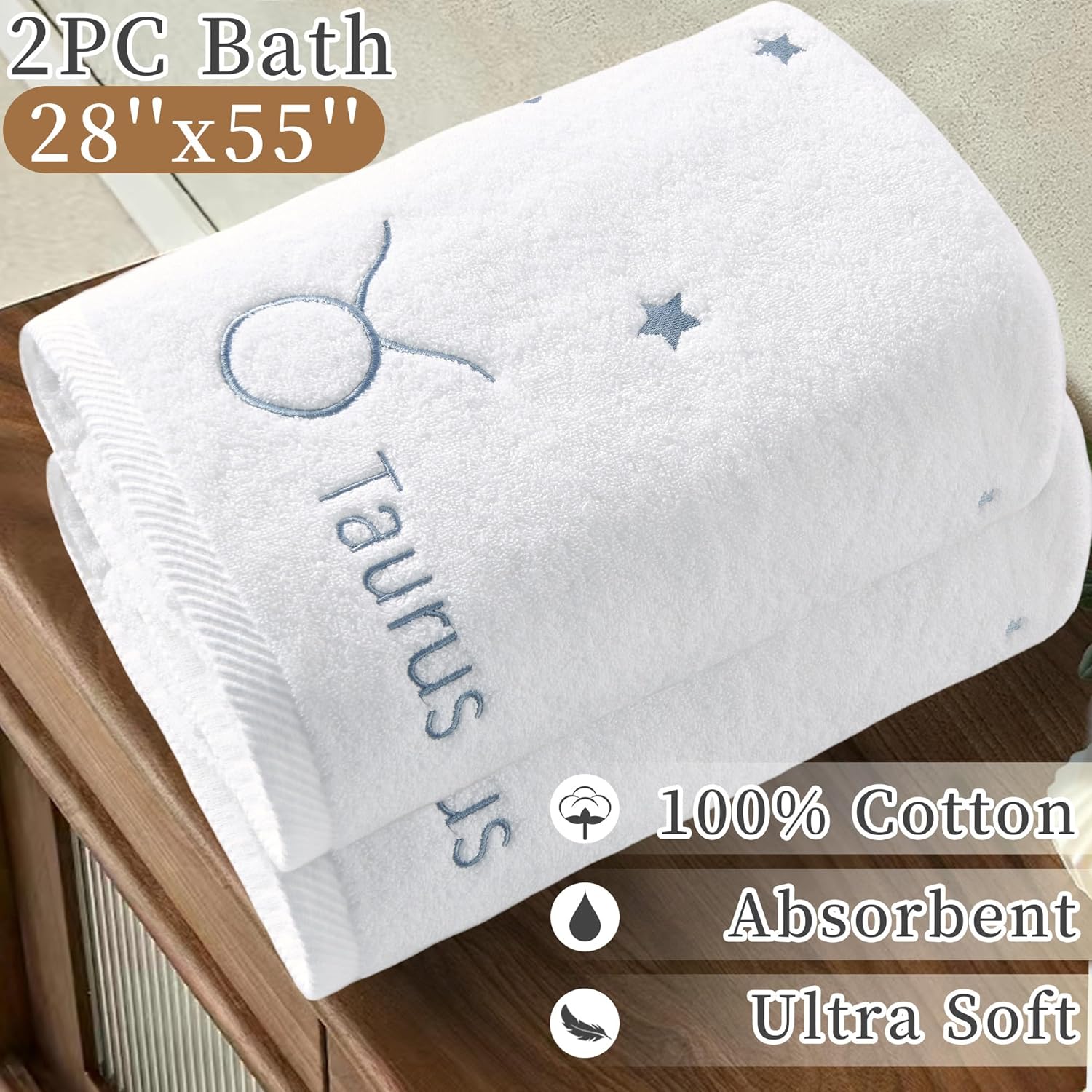 Monogrammed Bath Towels - Zodiac Taurus Design 2PC Set Ivory