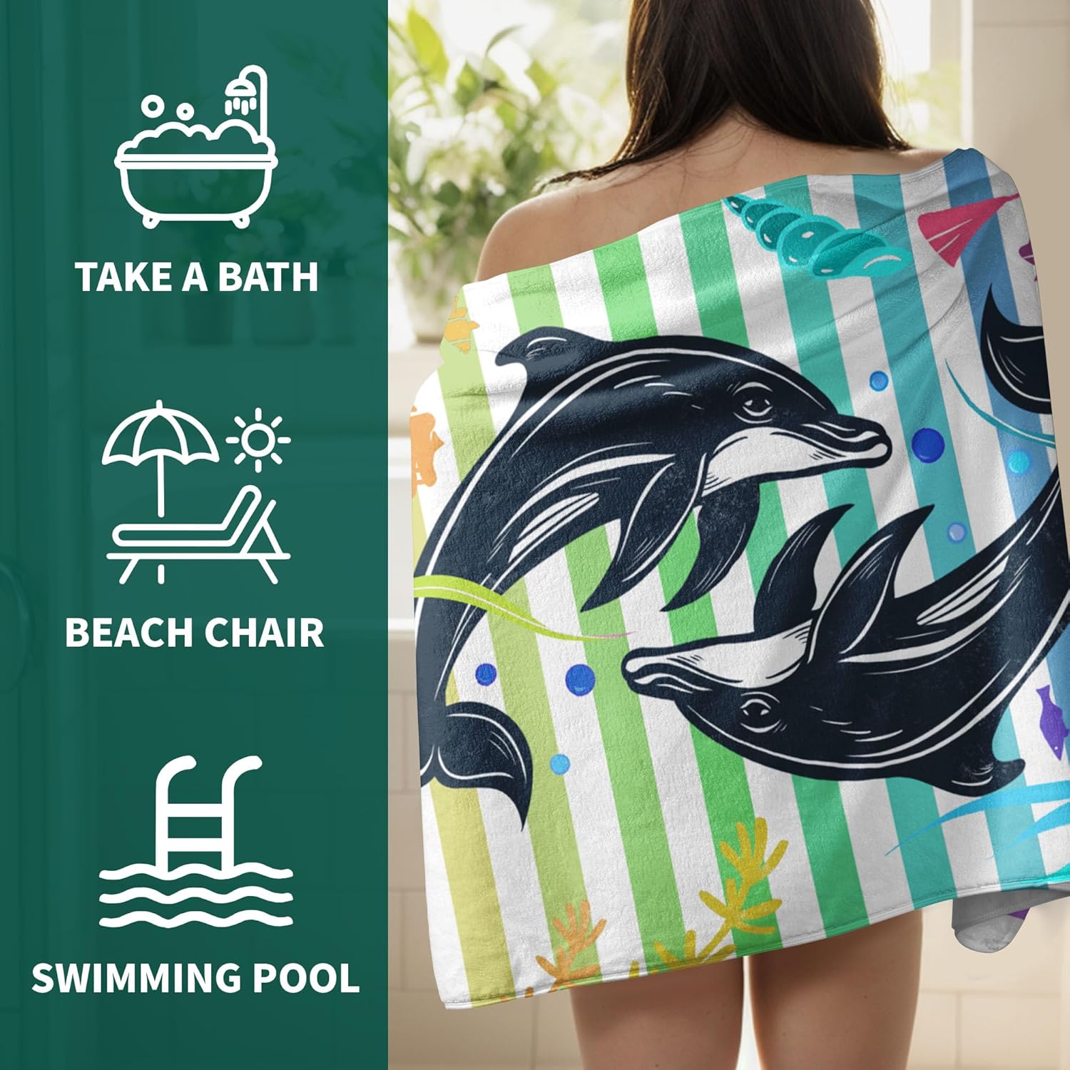Colorful Stripes Cartoon Dolphin Microfiber Bath Towel