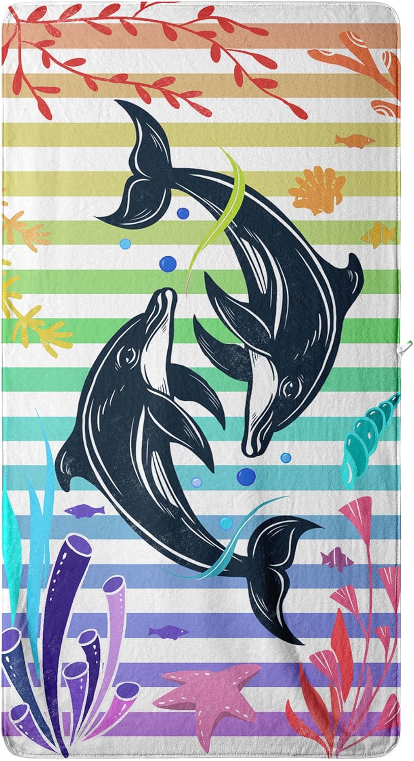 Colorful Stripes Cartoon Dolphin Microfiber Bath Towel