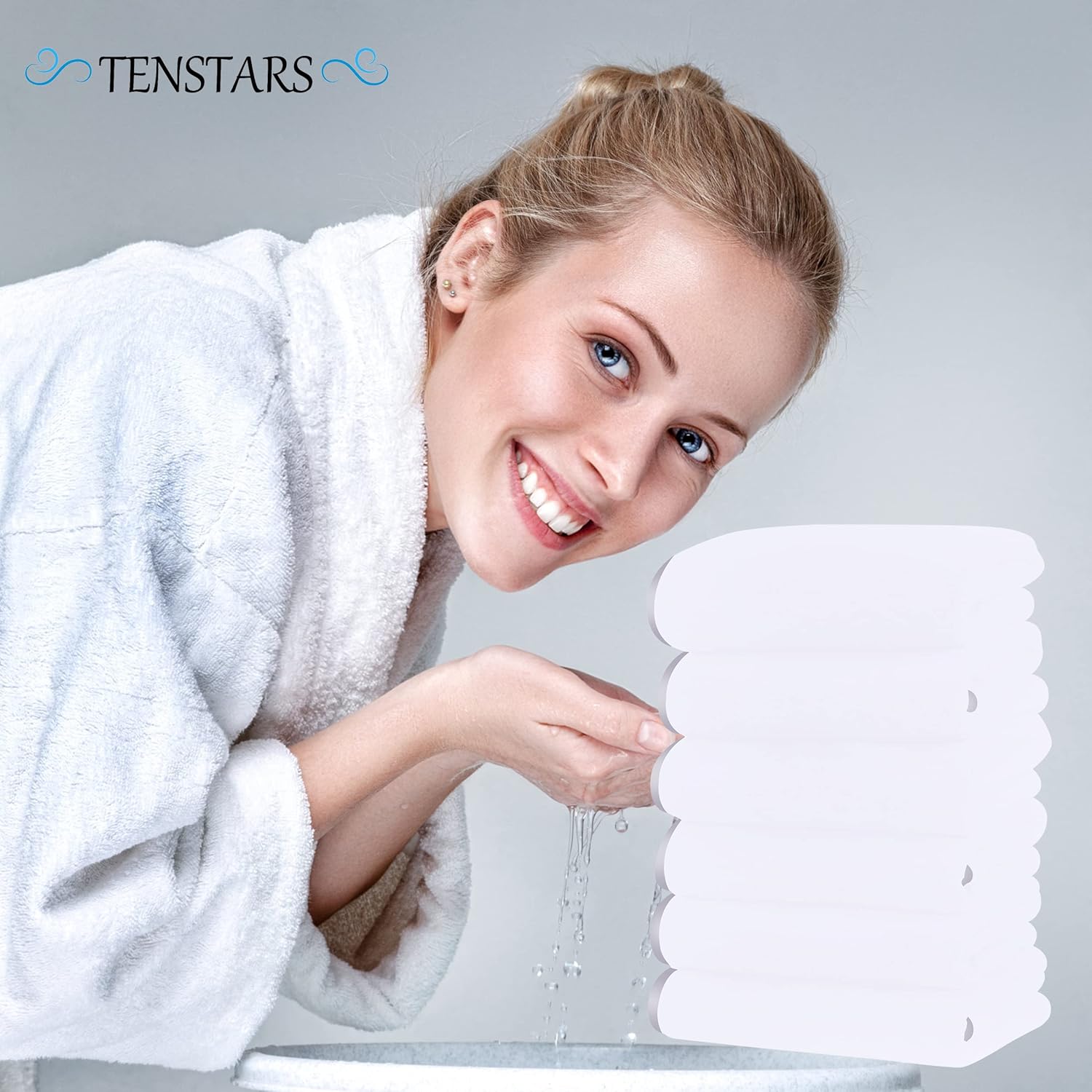 TENSTARS Luxury Silk Hemmed Microfiber Towels - Set of 6 16x28 Inch White
