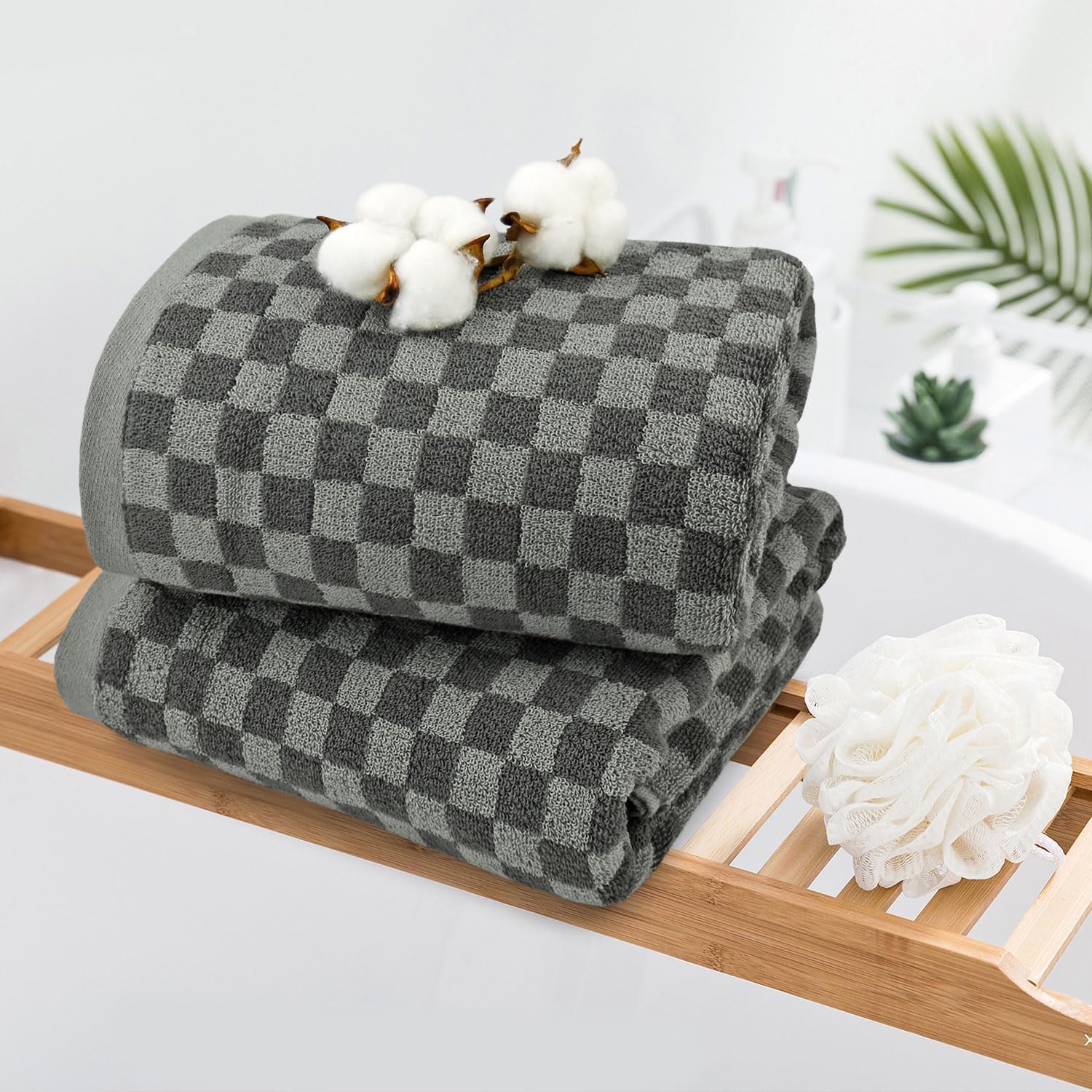 Jacquotha Pack of 2 Grey Checkered Cotton Bath Towels 1