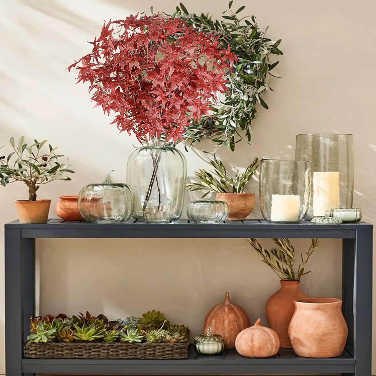 4Pcs Artificial Maple Leaves Branches Red Autumn Foliage