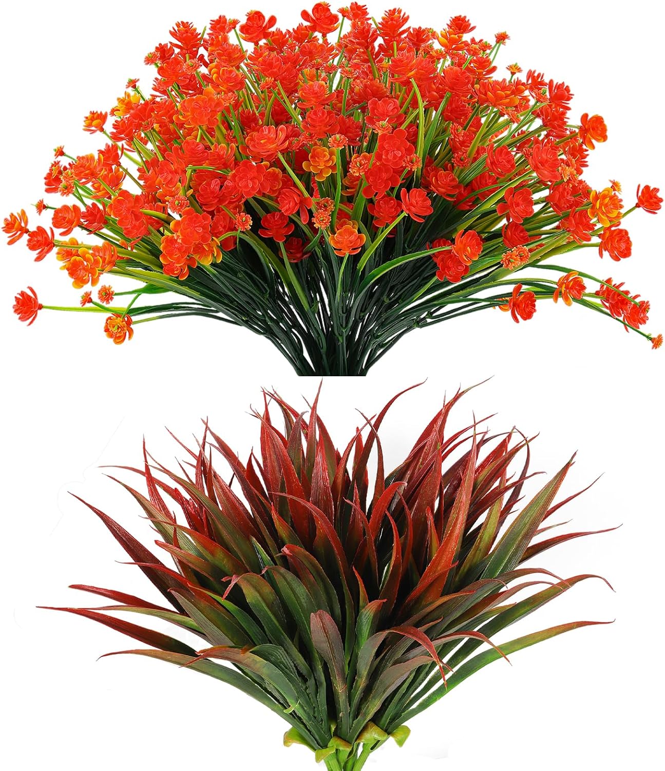 RECUTMS 12 Bundles Artificial Flowers 8Pcs Fake Grass for Outdoor